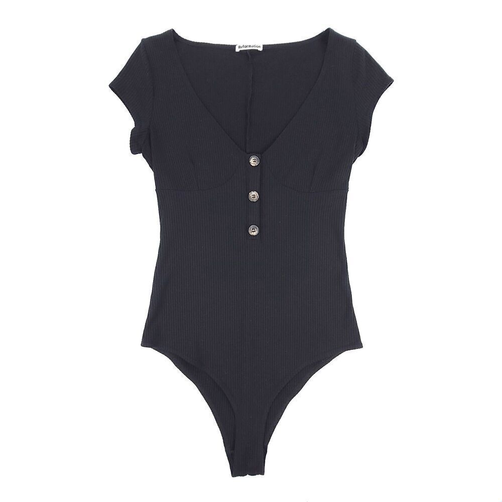 NEW Reformation Marten Ribbed Knit Henley Button Down Bodysuit Medium Black